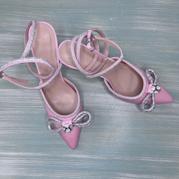 Pointed Toe Crystal Bows Satin Backless Ankle Straps Buckle Stiletto Pumps EU 41 - Picture 4 of 10